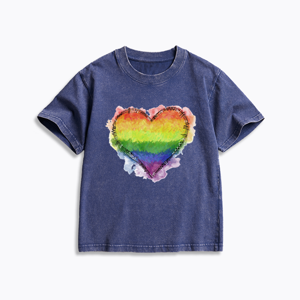 Rainbow Heart Kids Washed T-Shirt
