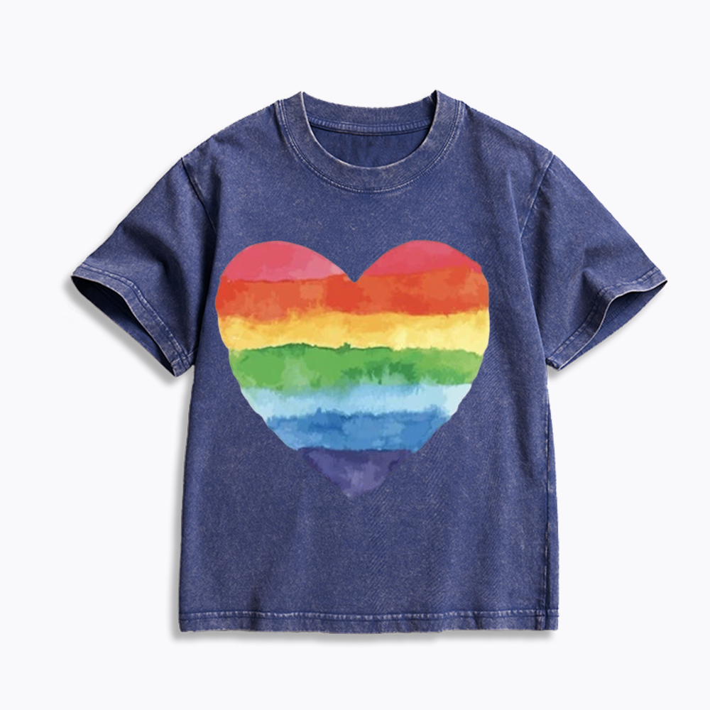 Watercolor Rainbow Heart Kids Washed T-Shirt 