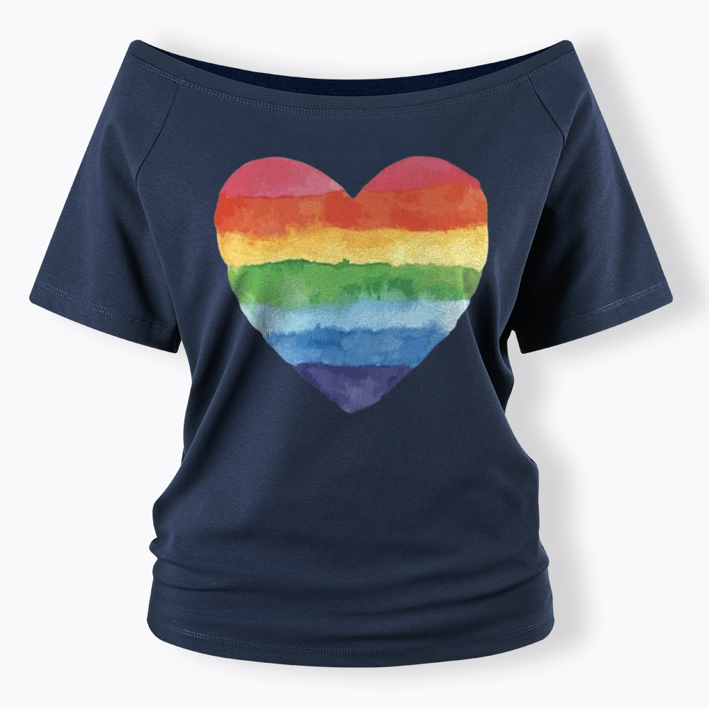 Watercolor Rainbow Heart Off Shoulder T-shirt
