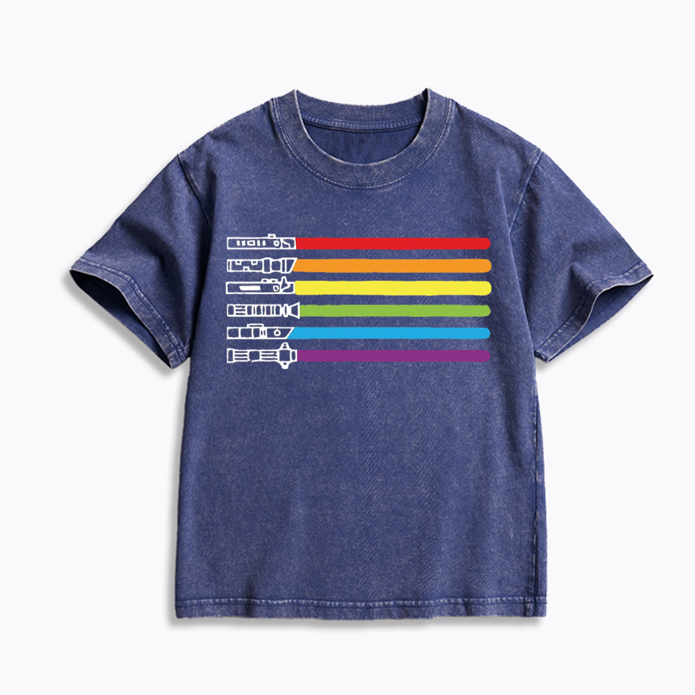 Rainbow Lightsaber Kids Washed T-Shirt 