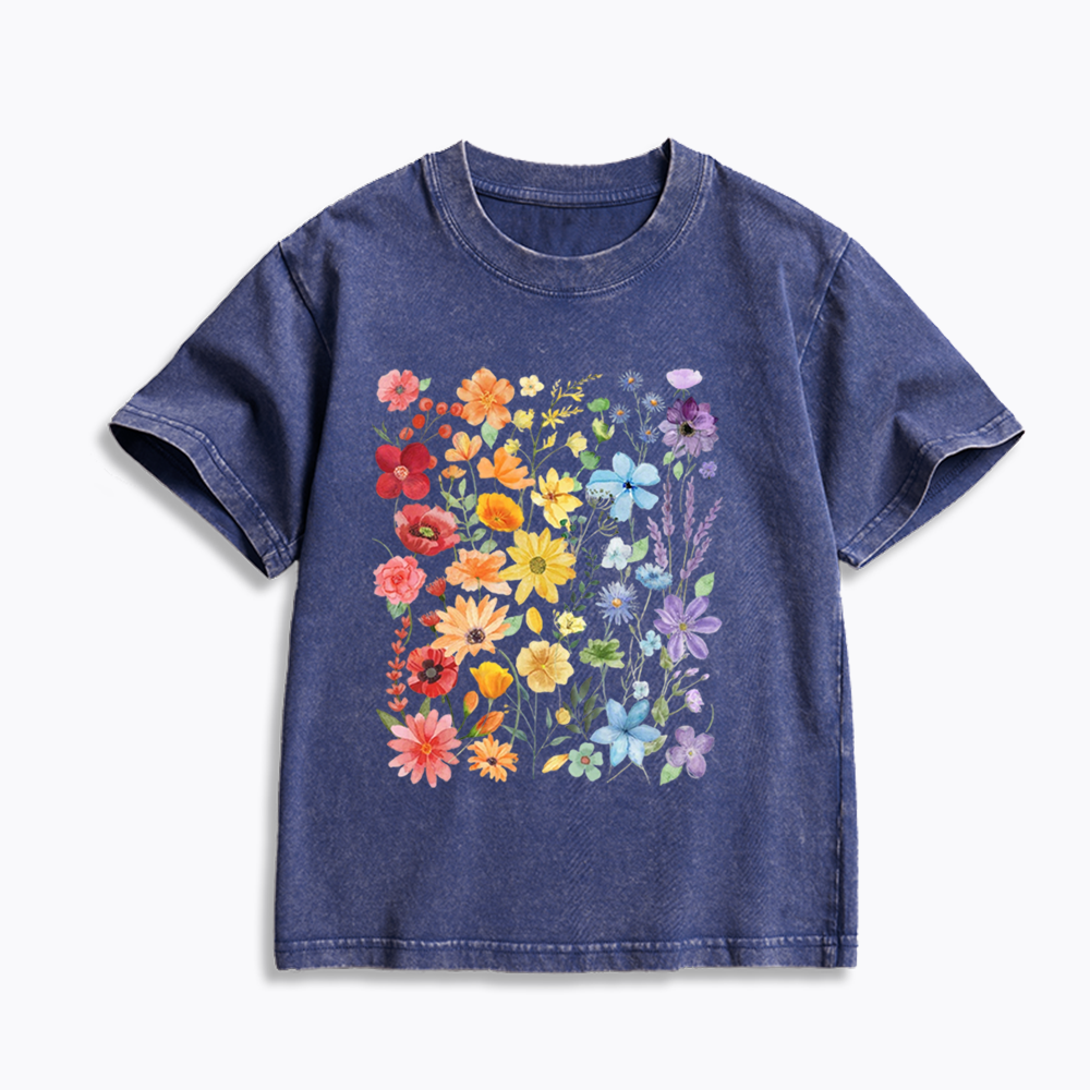 Rainbow Flowers Kids Washed T-Shirt