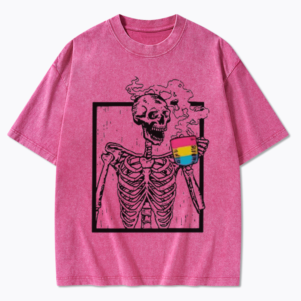 Pansexual Skeleton Drinking Coffee Washed T-Shirt