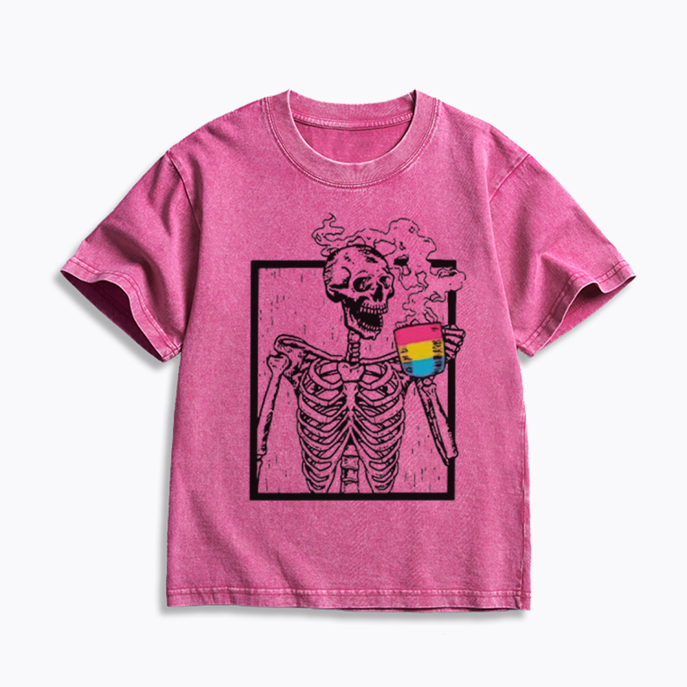 Pansexual Skeleton Drinking Coffee Kids Washed T-Shirt