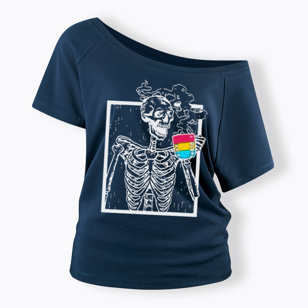 Pansexual Skeleton Drinking Coffee Off Shoulder T-shirt