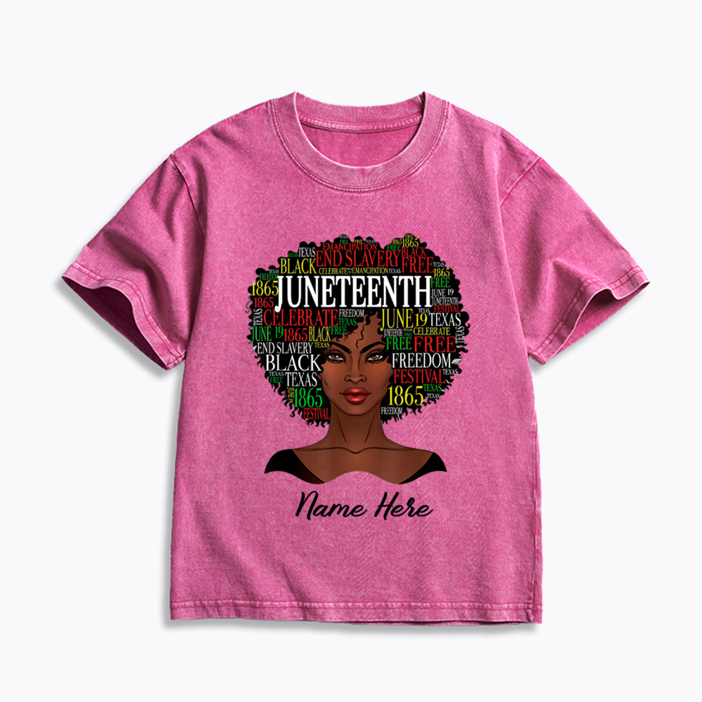 Personalized Juneteenth Black Women Natural Hair Kids Washed T-Shirt