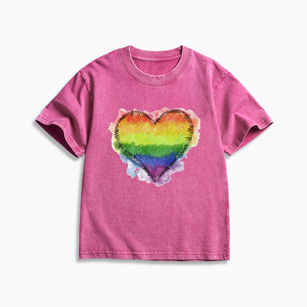 Rainbow Heart Kids Washed T-Shirt