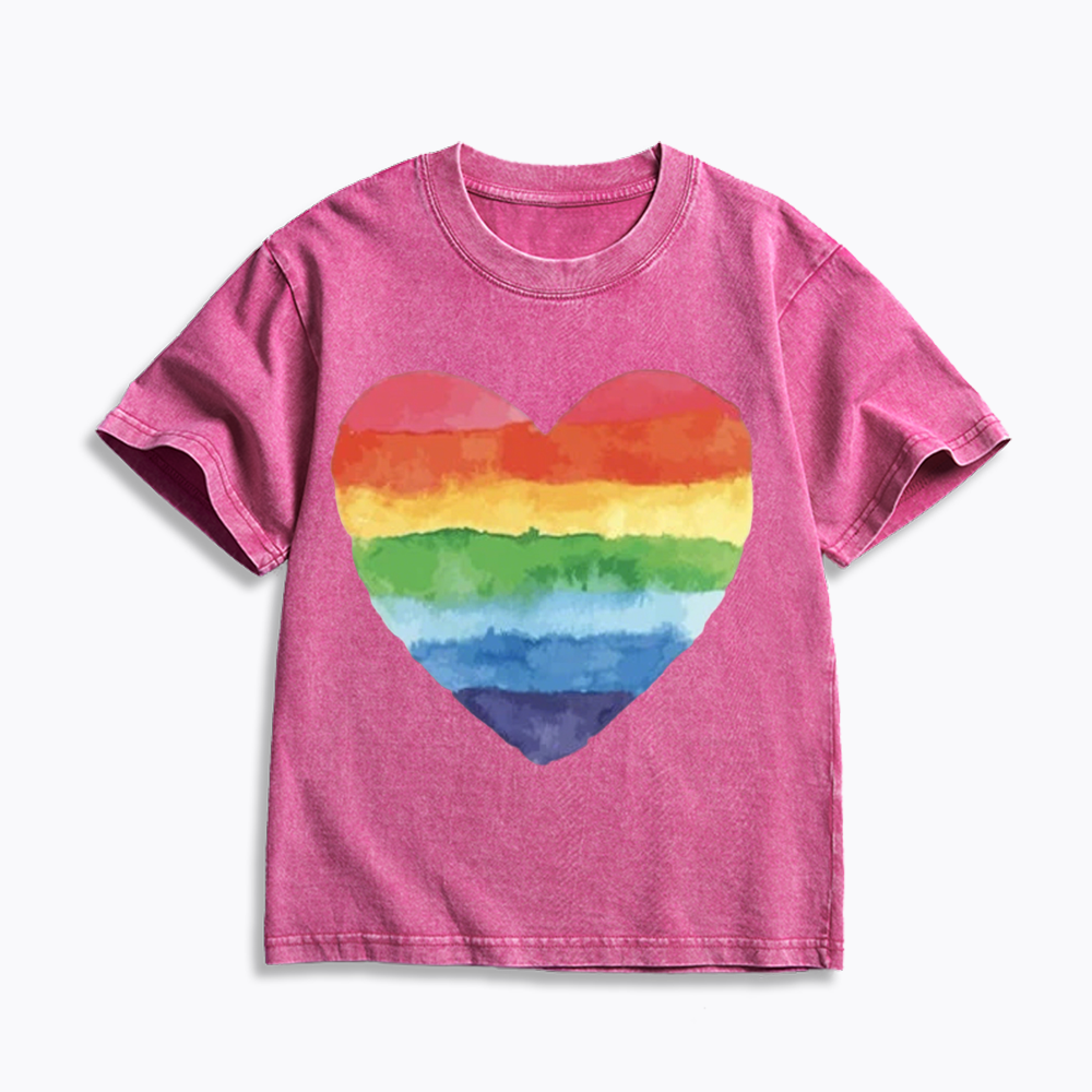 Watercolor Rainbow Heart Kids Washed T-Shirt 