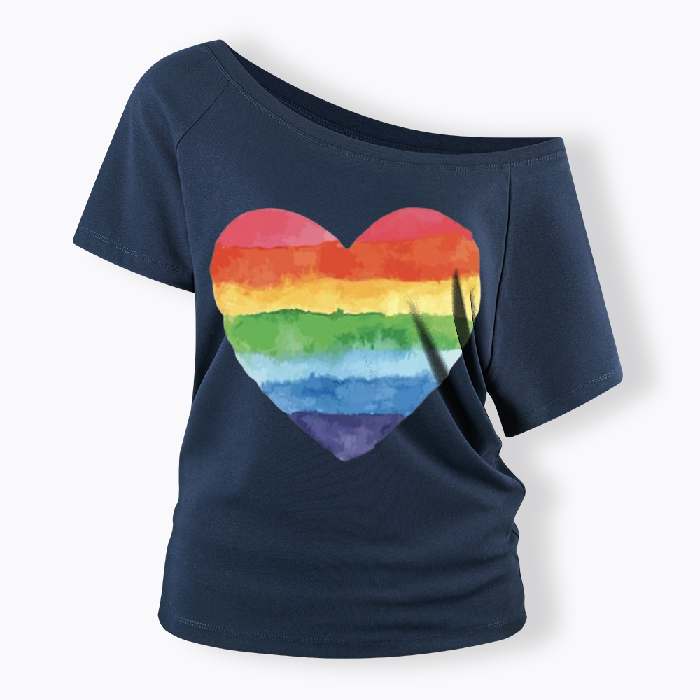 Watercolor Rainbow Heart Off Shoulder T-shirt