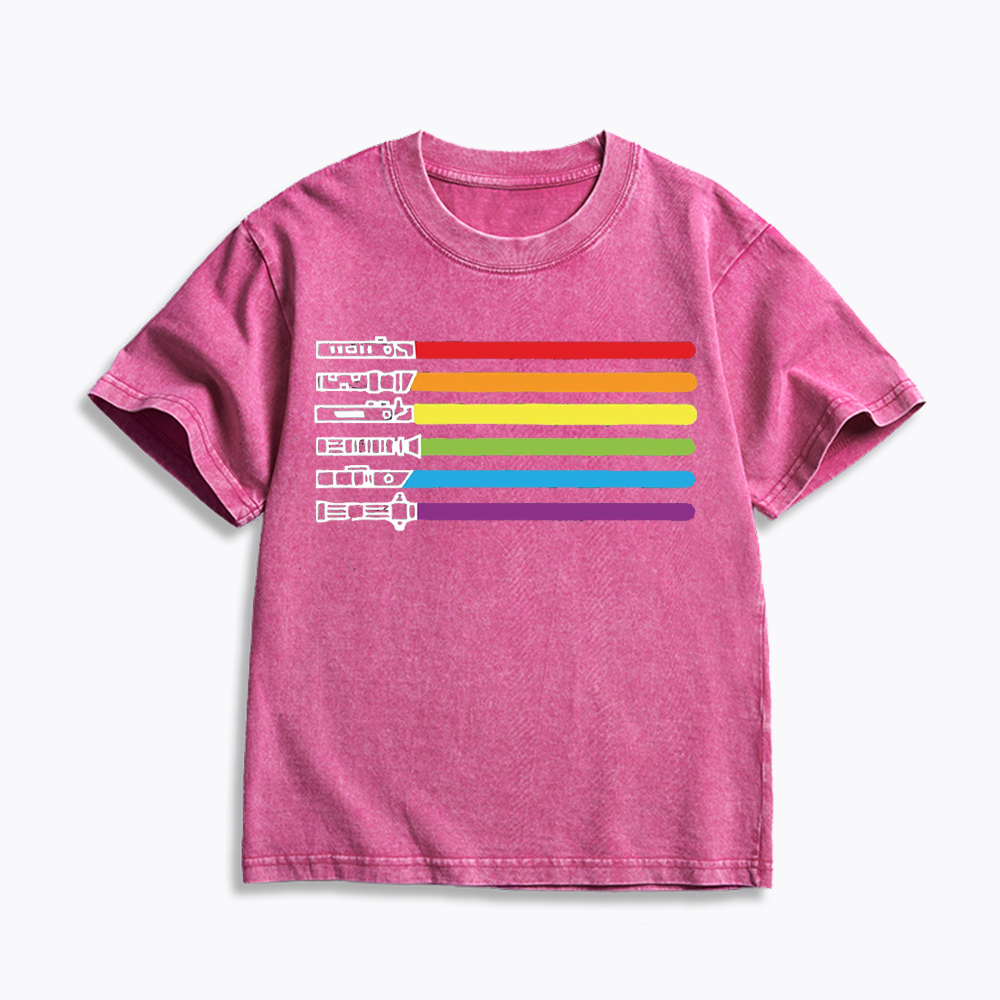 Rainbow Lightsaber Kids Washed T-Shirt 