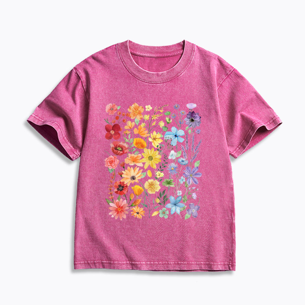 Rainbow Flowers Kids Washed T-Shirt