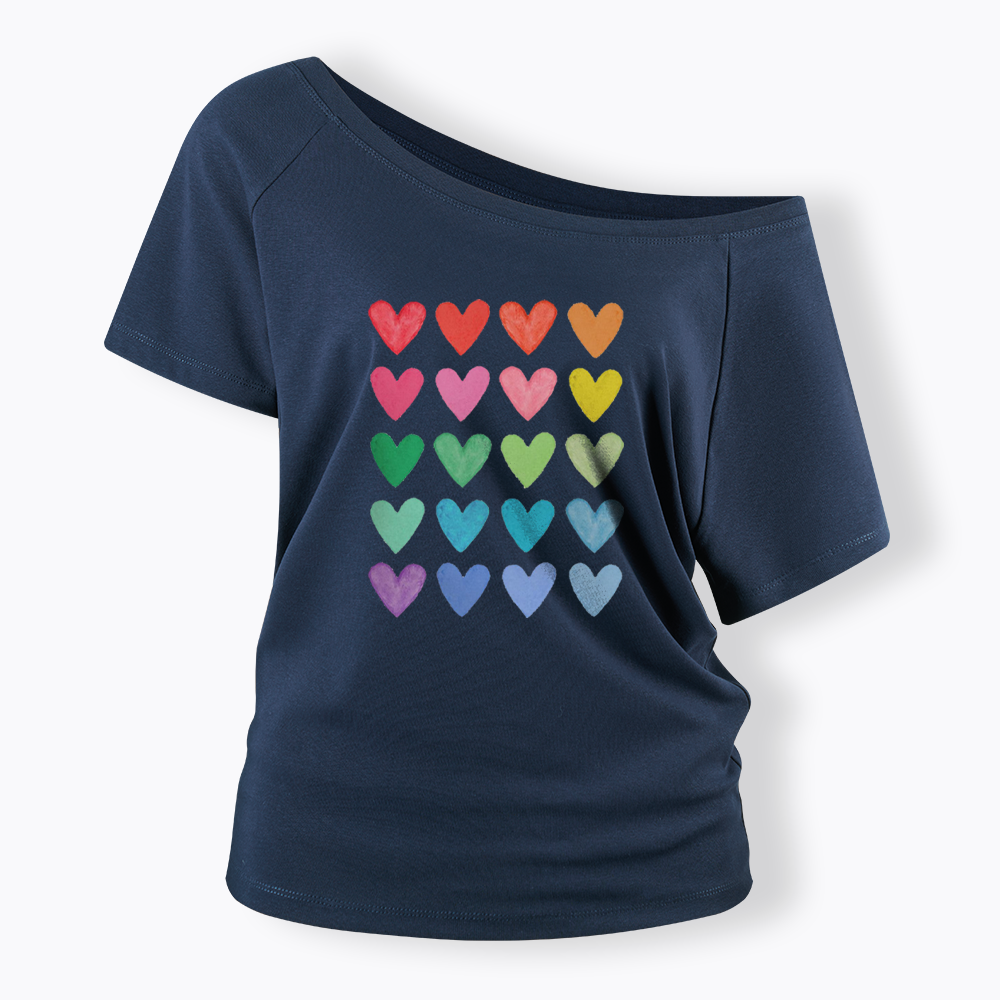 Rainbow Hearts Off Shoulder T-shirt