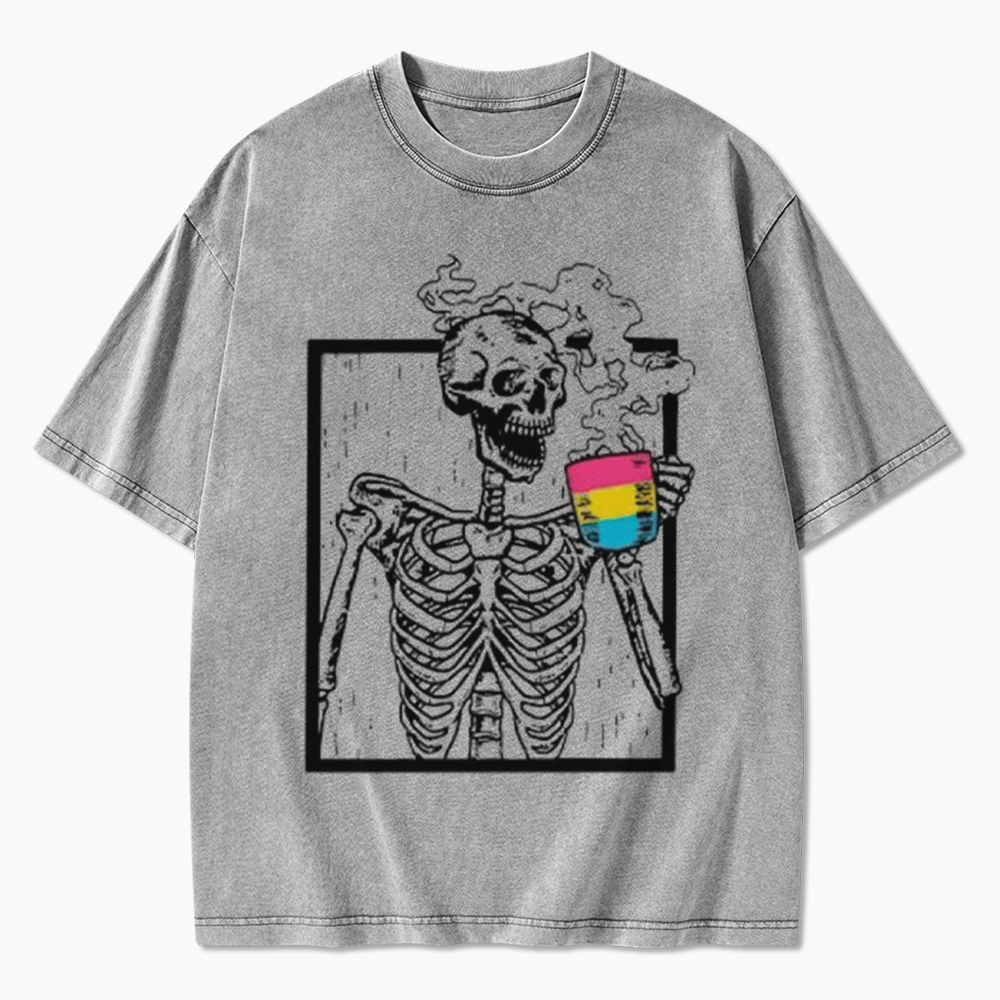 Pansexual Skeleton Drinking Coffee Washed T-Shirt