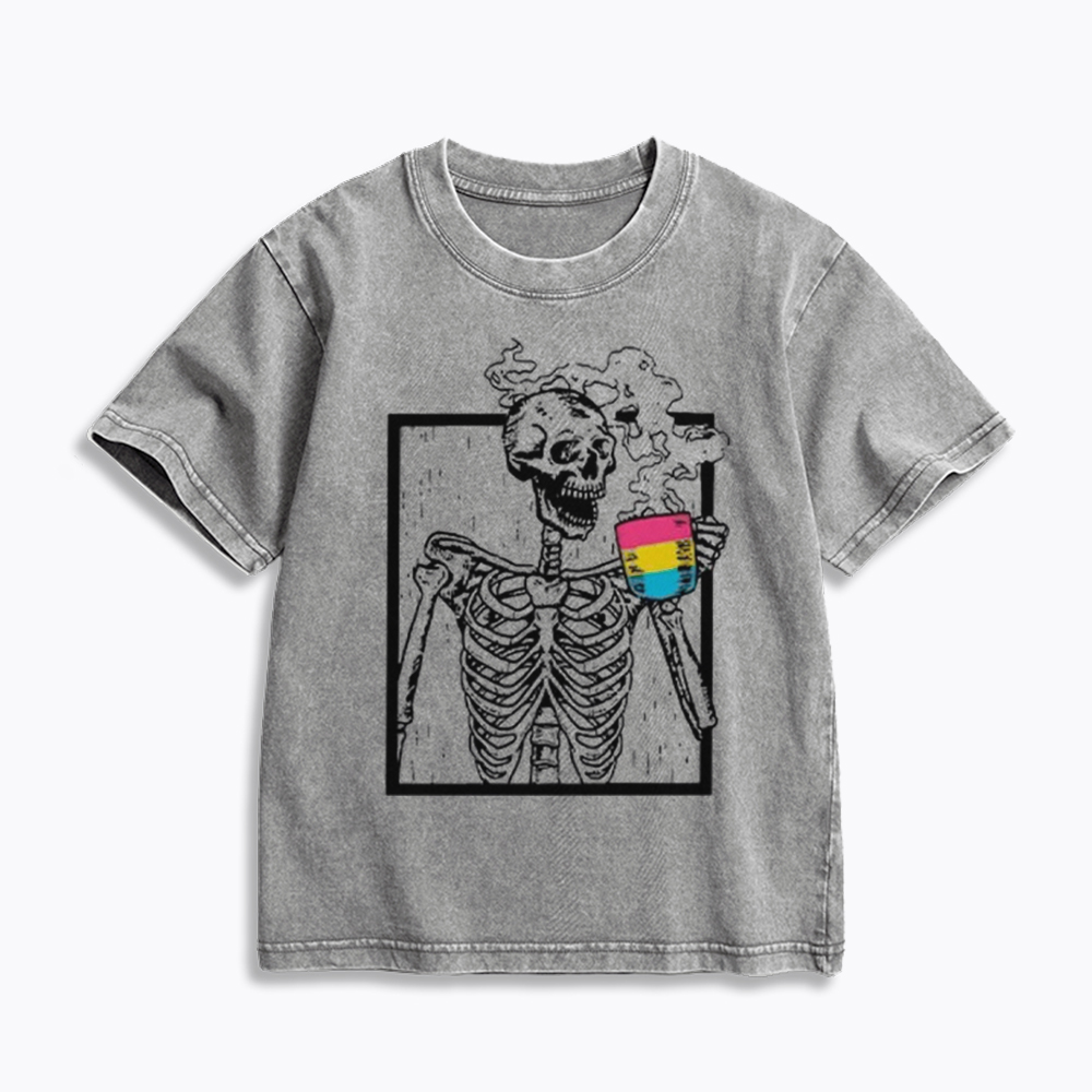 Pansexual Skeleton Drinking Coffee Kids Washed T-Shirt