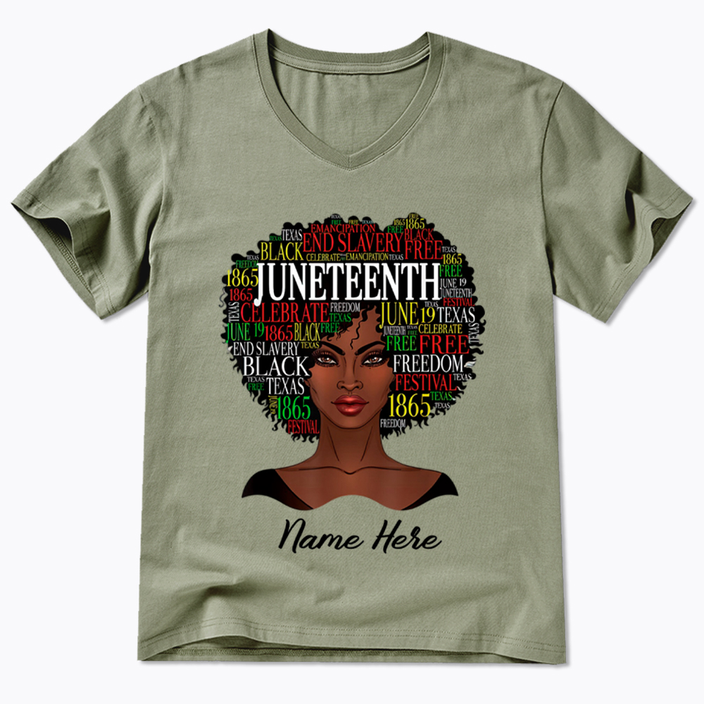 Personalized Juneteenth Black Women Natural Hair V-Neck Classic T-Shirt