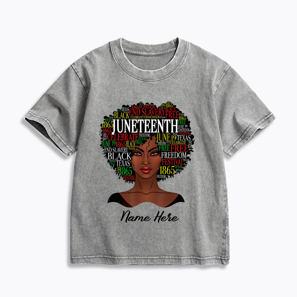 Personalized Juneteenth Black Women Natural Hair Kids Washed T-Shirt