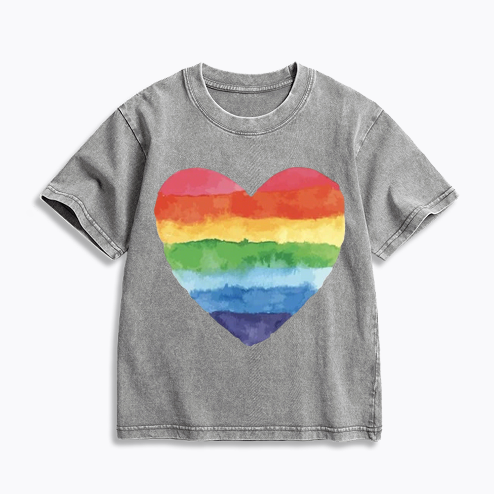 Watercolor Rainbow Heart Kids Washed T-Shirt 