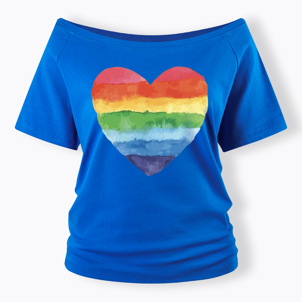 Watercolor Rainbow Heart Off Shoulder T-shirt