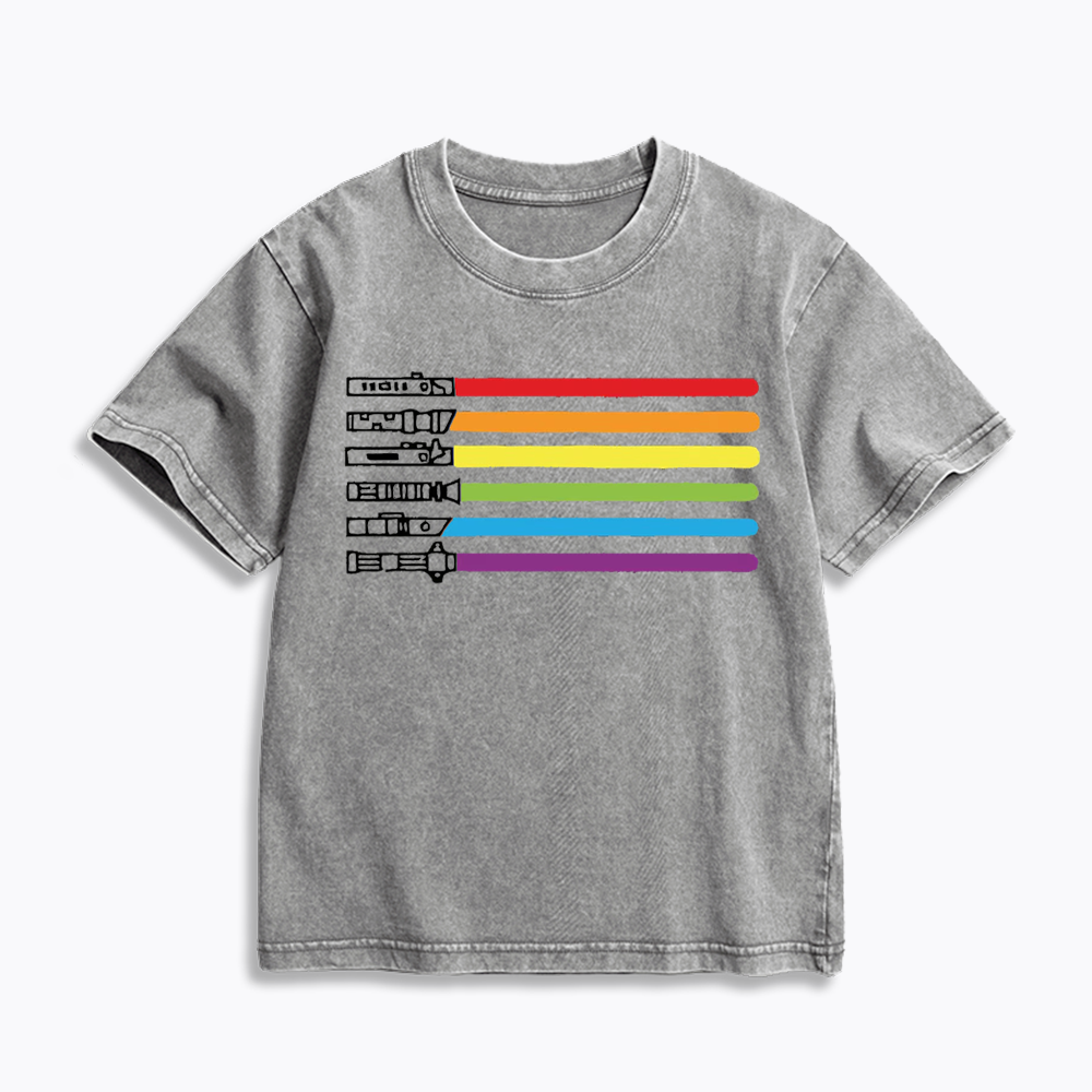 Rainbow Lightsaber Kids Washed T-Shirt 