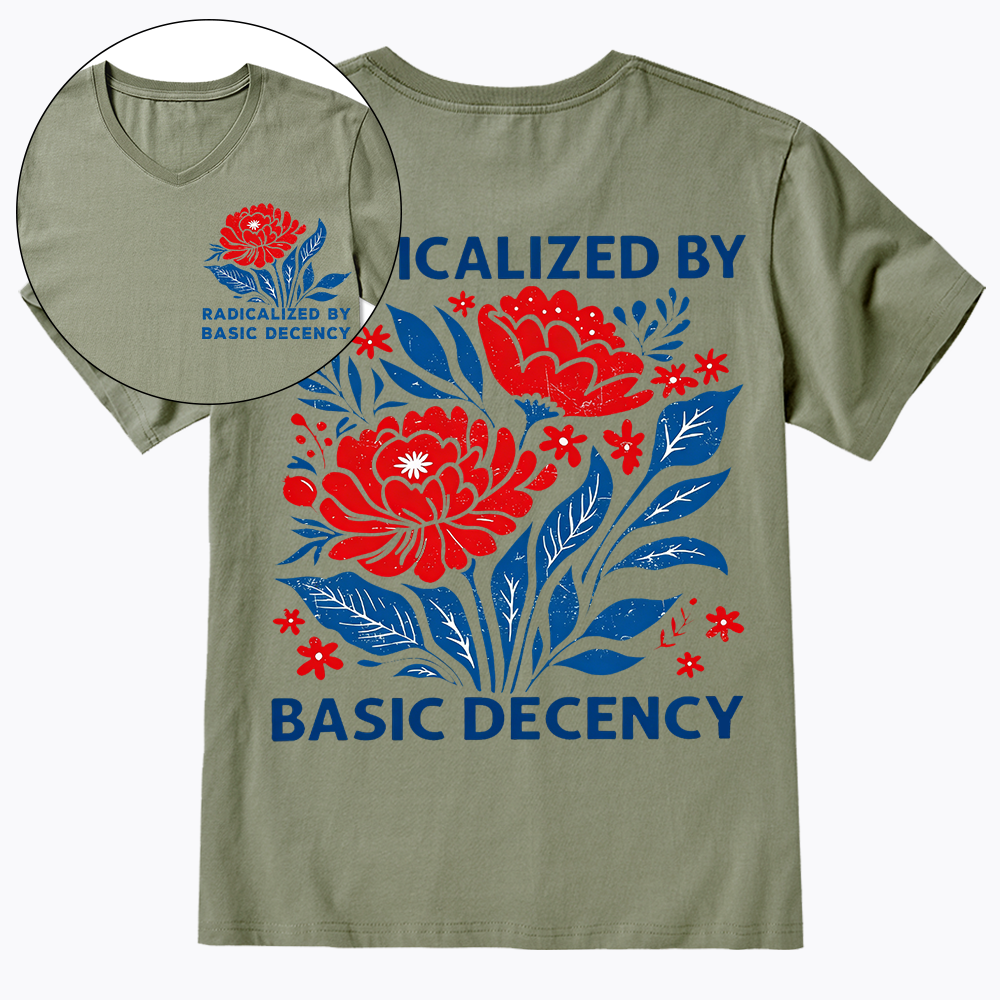 Radicalized by Basic Decency, Floral Graphic V-Neck Classic T-Shirt