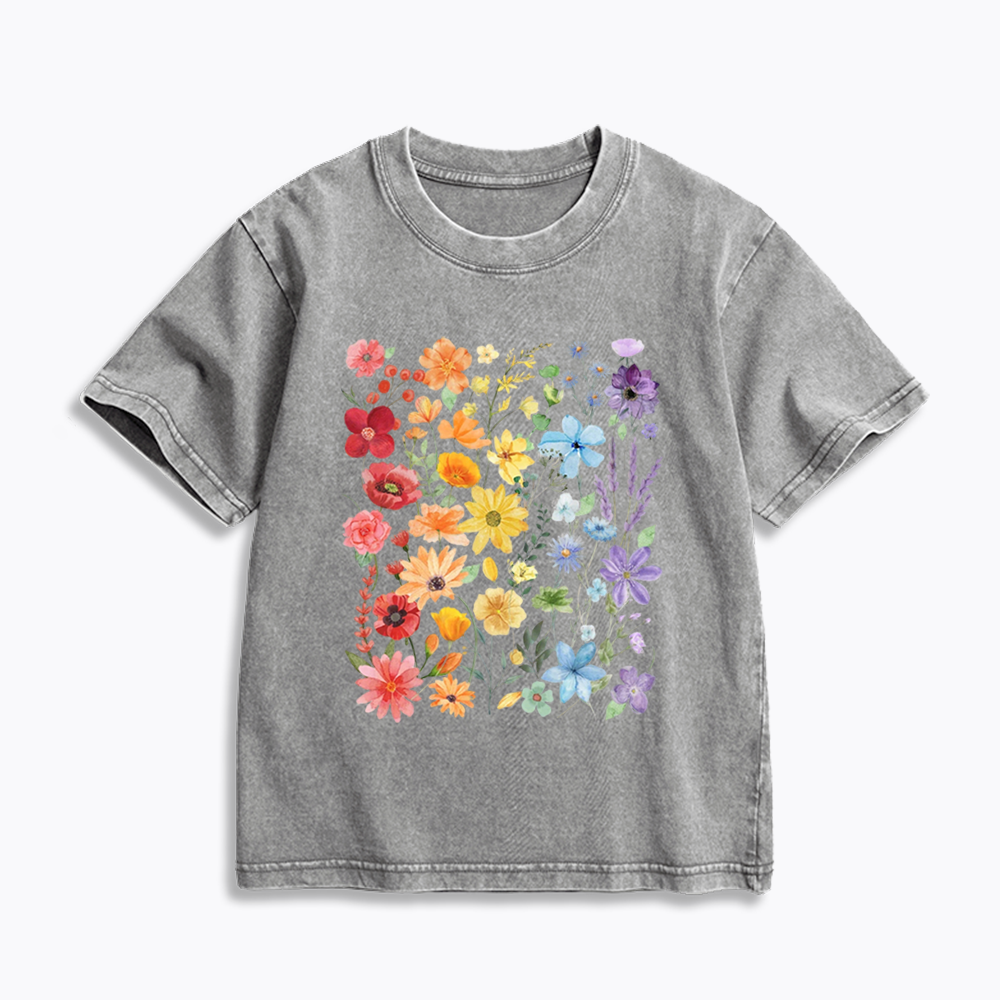 Rainbow Flowers Kids Washed T-Shirt