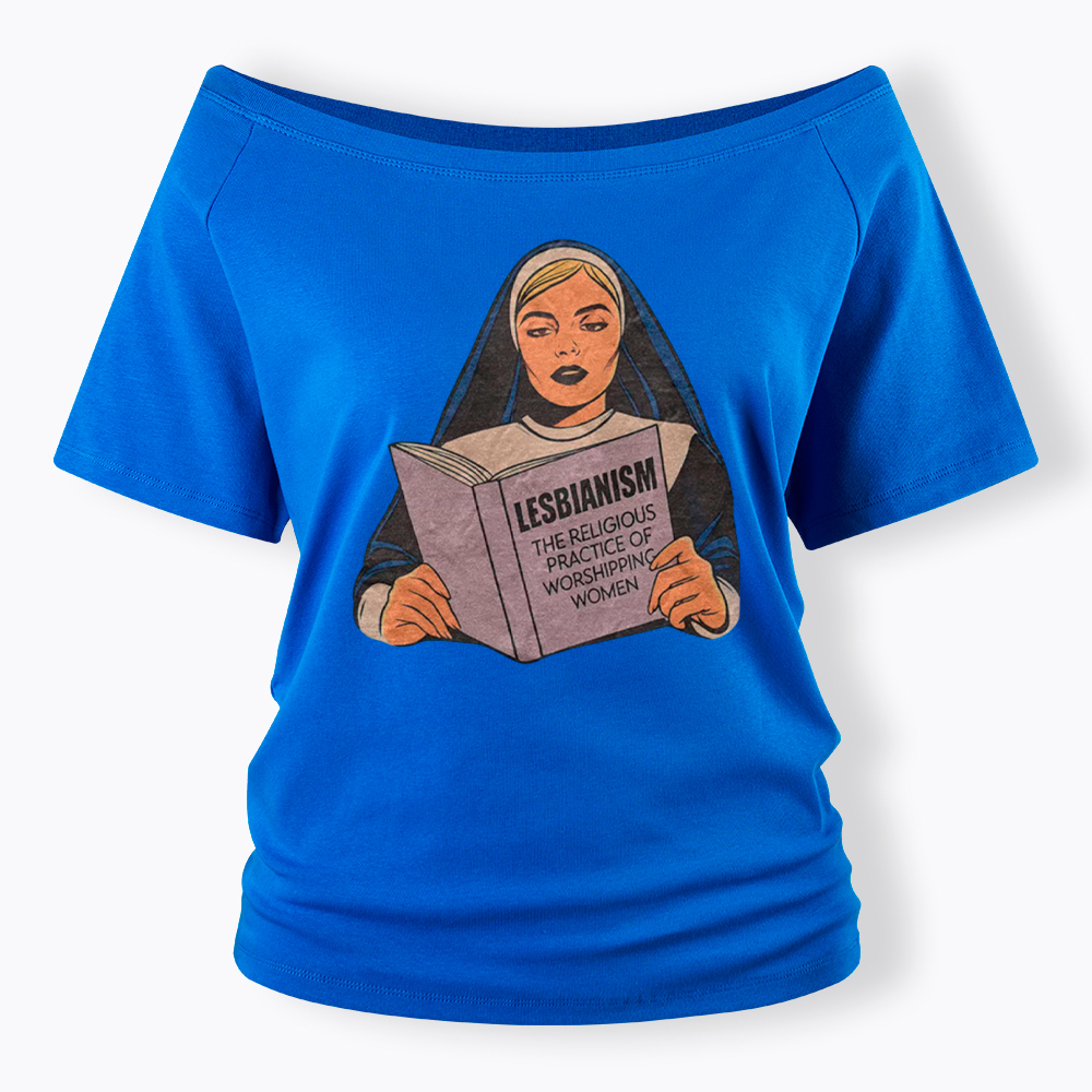 Nun Reading Lesbian Book Off Shoulder T-Shirt