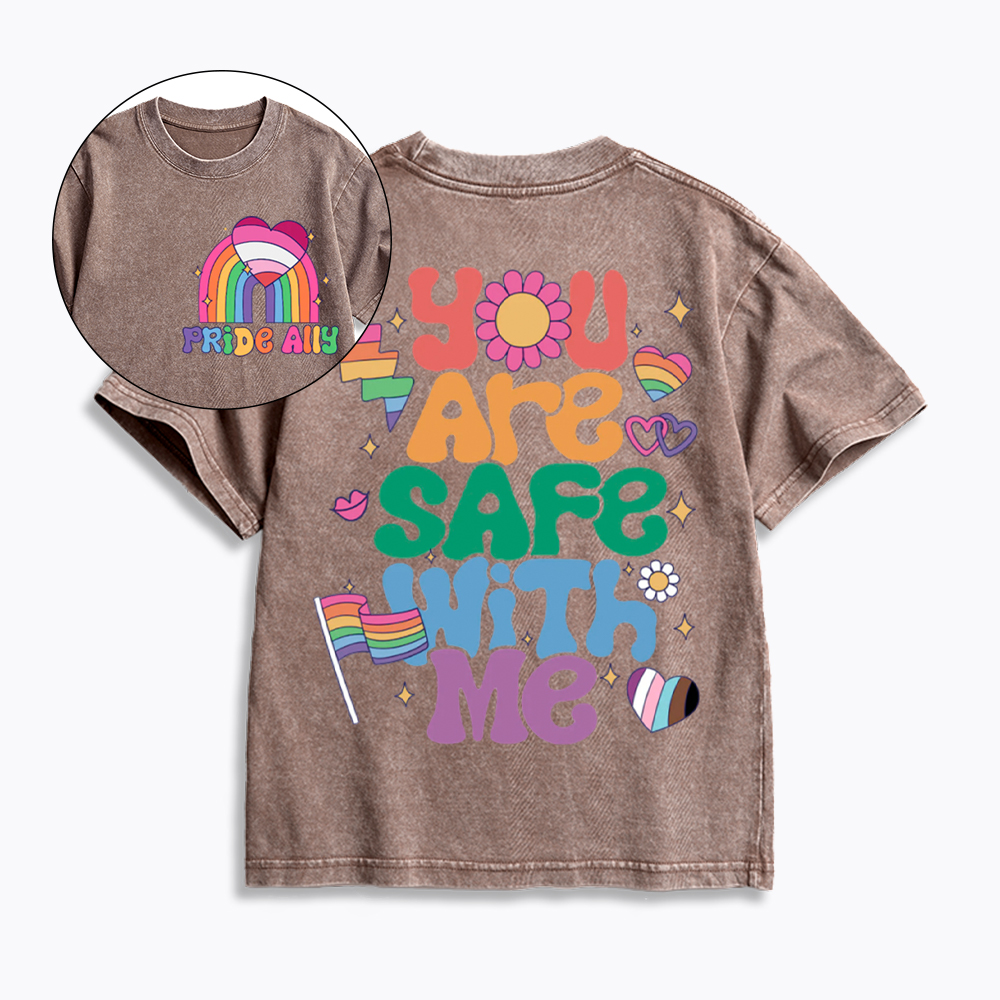 You Are Safe With Me Pride Ally Kids Washed T-Shirt
