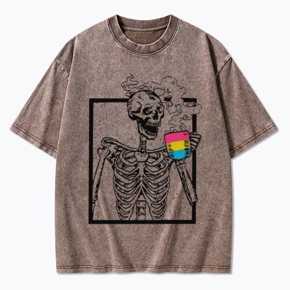Pansexual Skeleton Drinking Coffee Washed T-Shirt