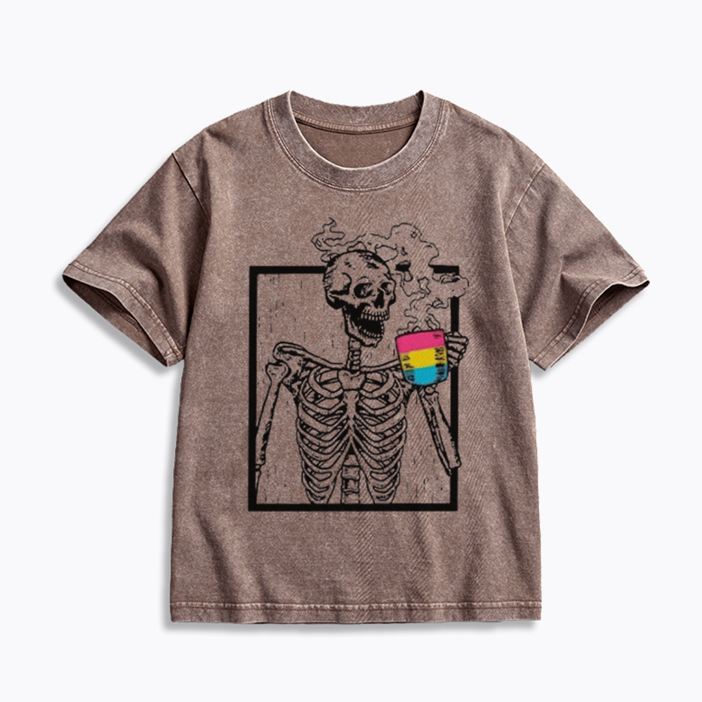 Pansexual Skeleton Drinking Coffee Kids Washed T-Shirt