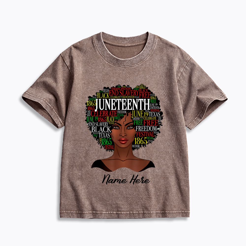 Personalized Juneteenth Black Women Natural Hair Kids Washed T-Shirt
