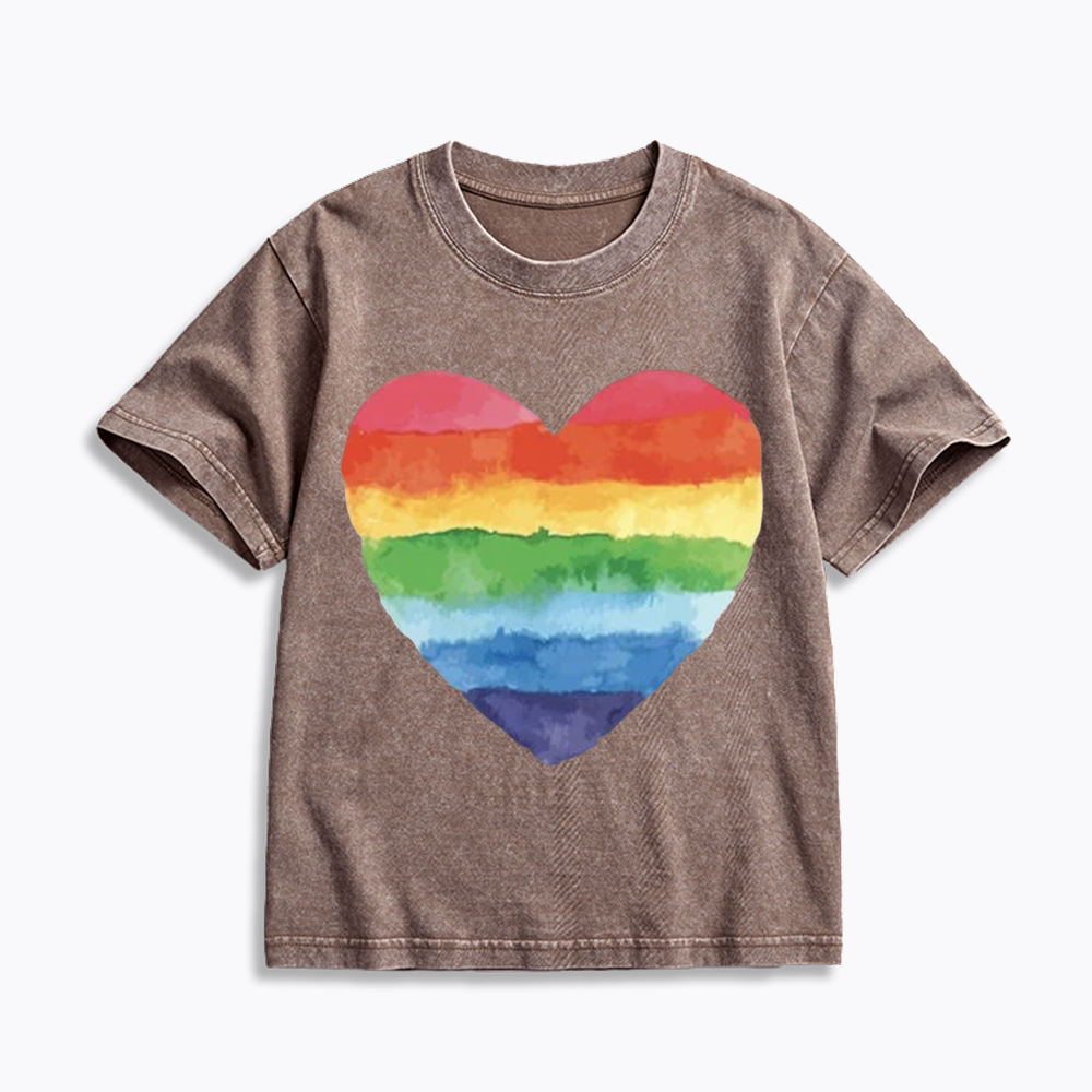 Watercolor Rainbow Heart Kids Washed T-Shirt 