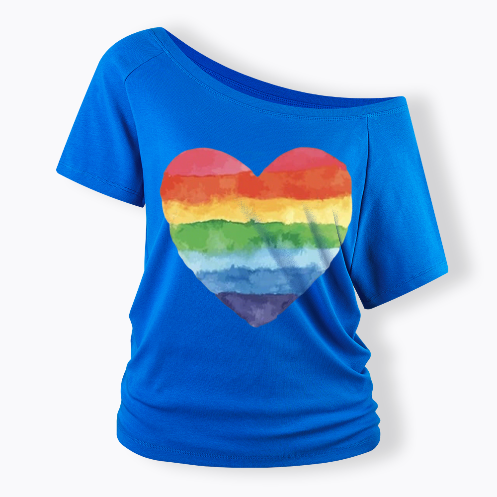 Watercolor Rainbow Heart Off Shoulder T-shirt