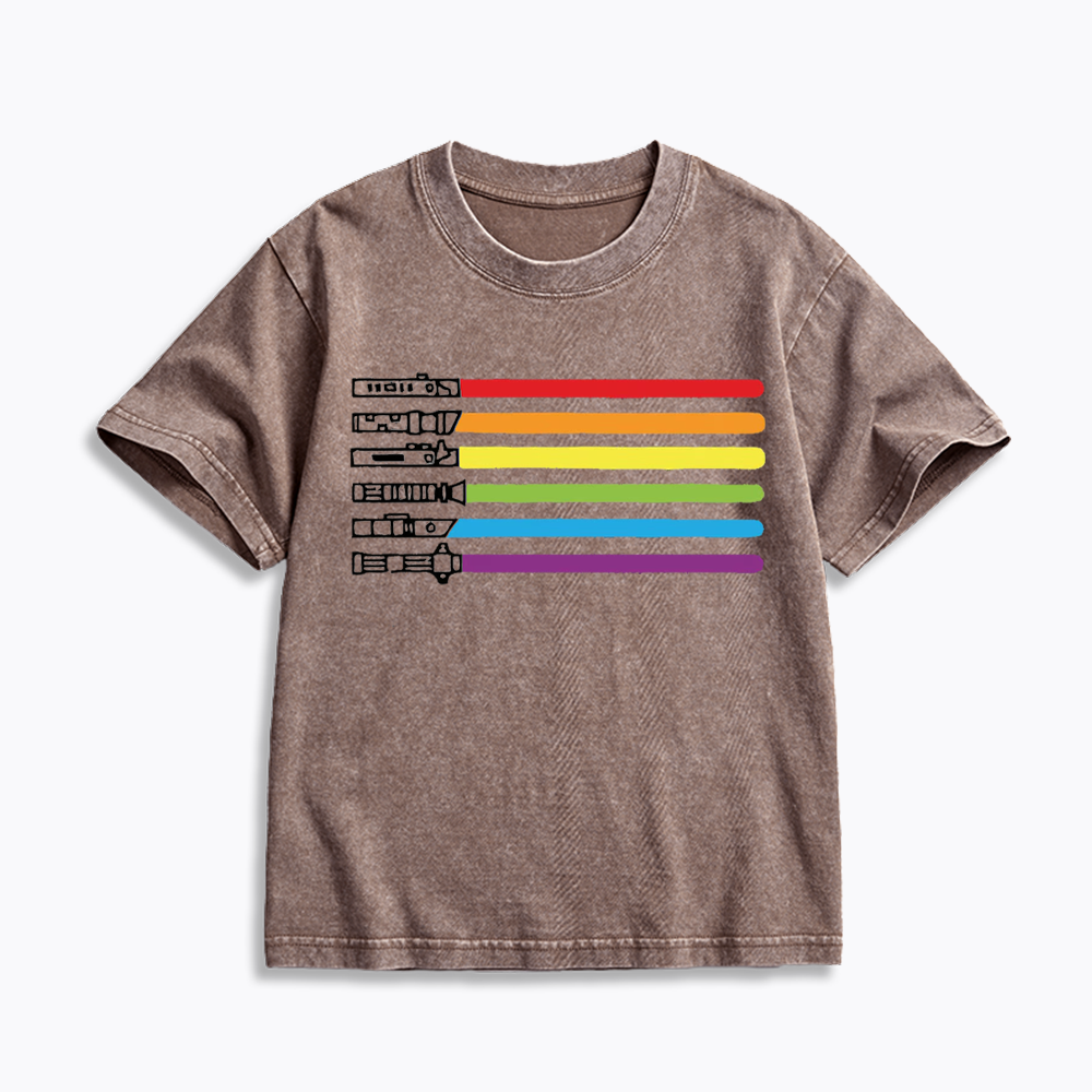 Rainbow Lightsaber Kids Washed T-Shirt 