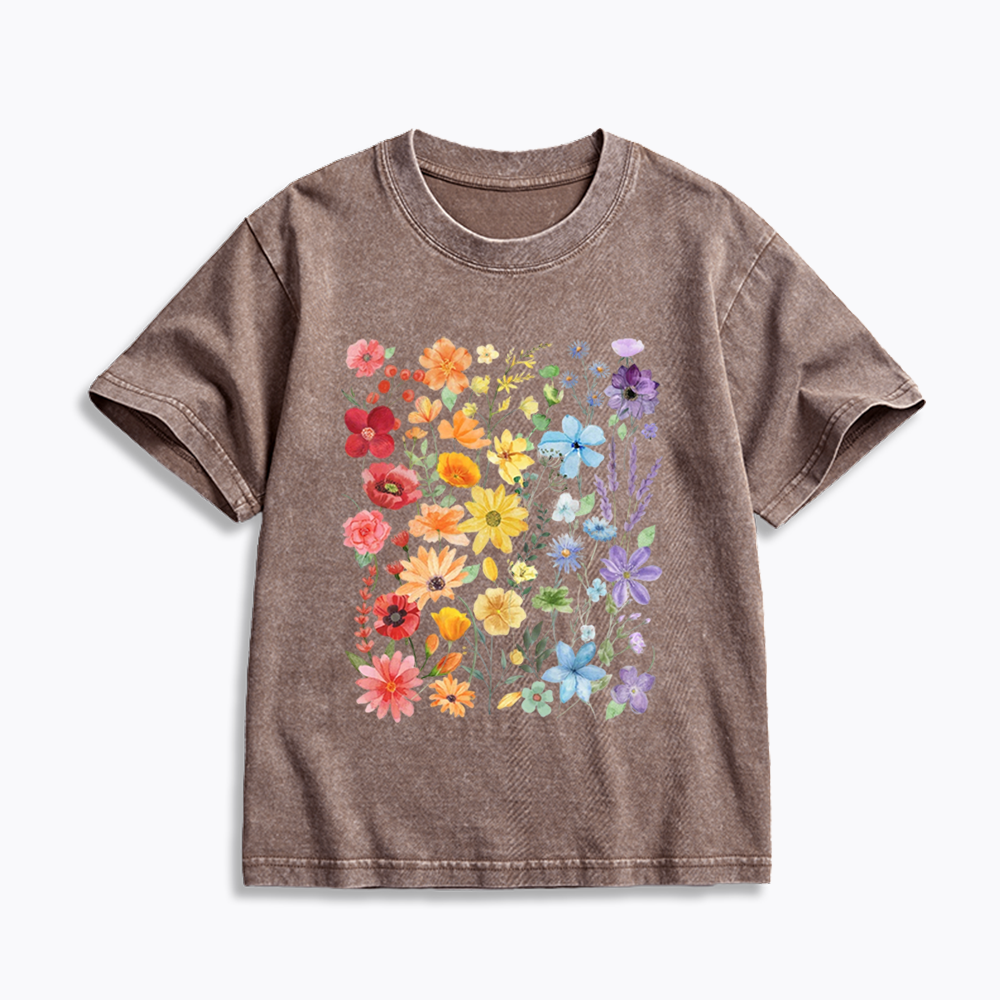 Rainbow Flowers Kids Washed T-Shirt