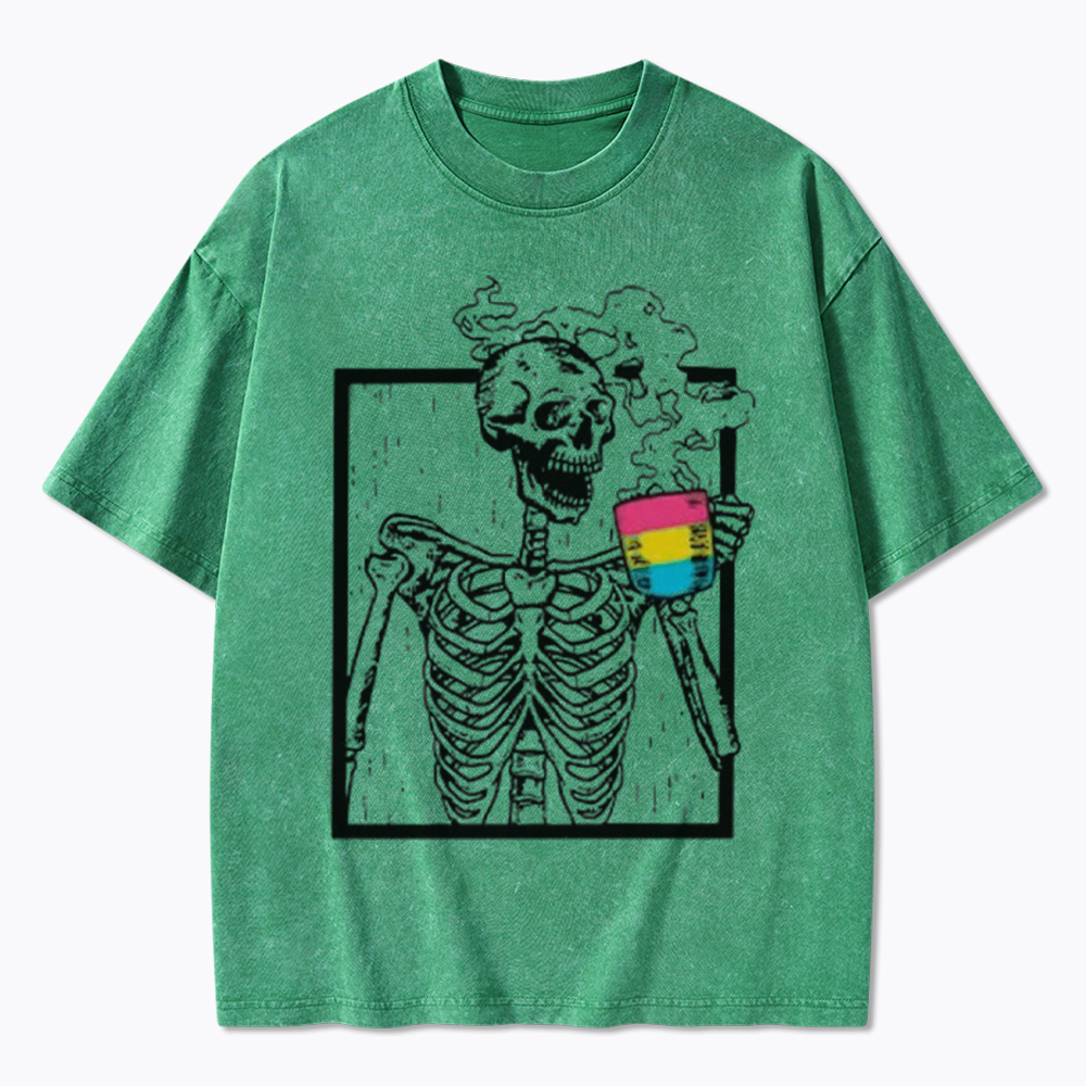 Pansexual Skeleton Drinking Coffee Washed T-Shirt