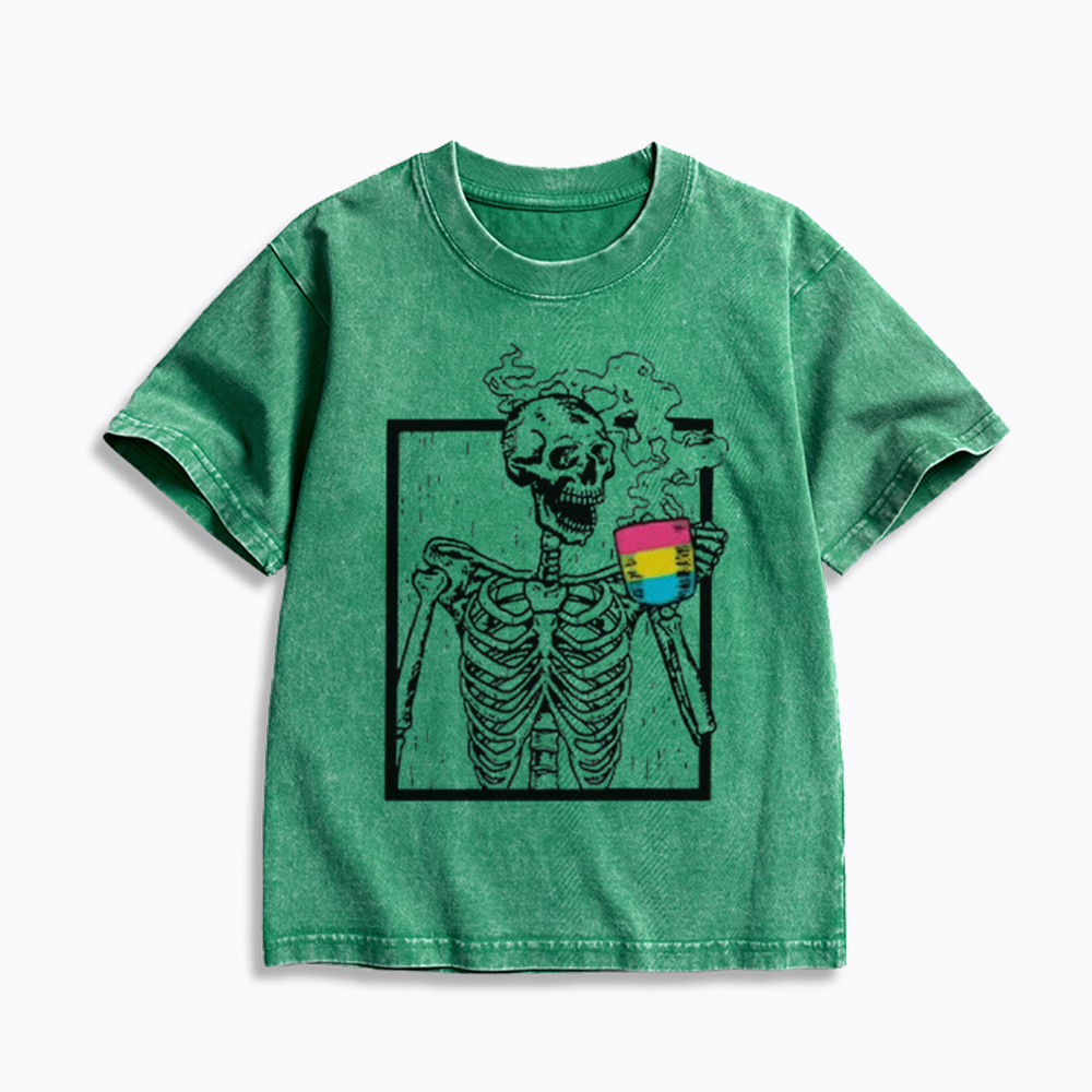 Pansexual Skeleton Drinking Coffee Kids Washed T-Shirt