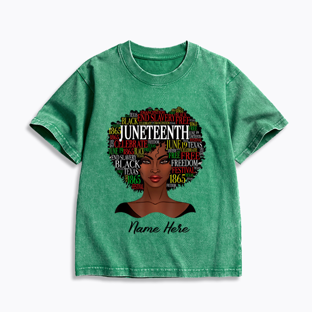 Personalized Juneteenth Black Women Natural Hair Kids Washed T-Shirt
