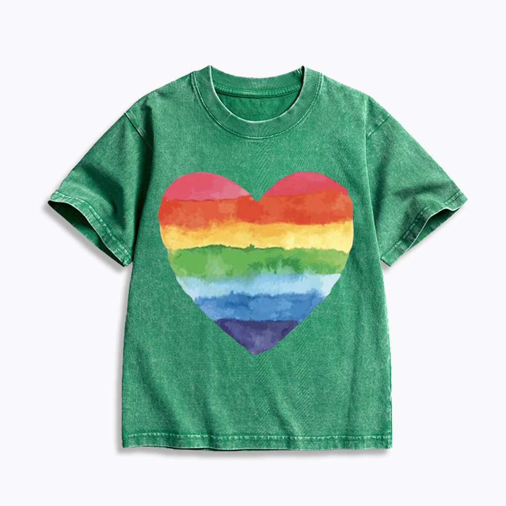 Watercolor Rainbow Heart Kids Washed T-Shirt 