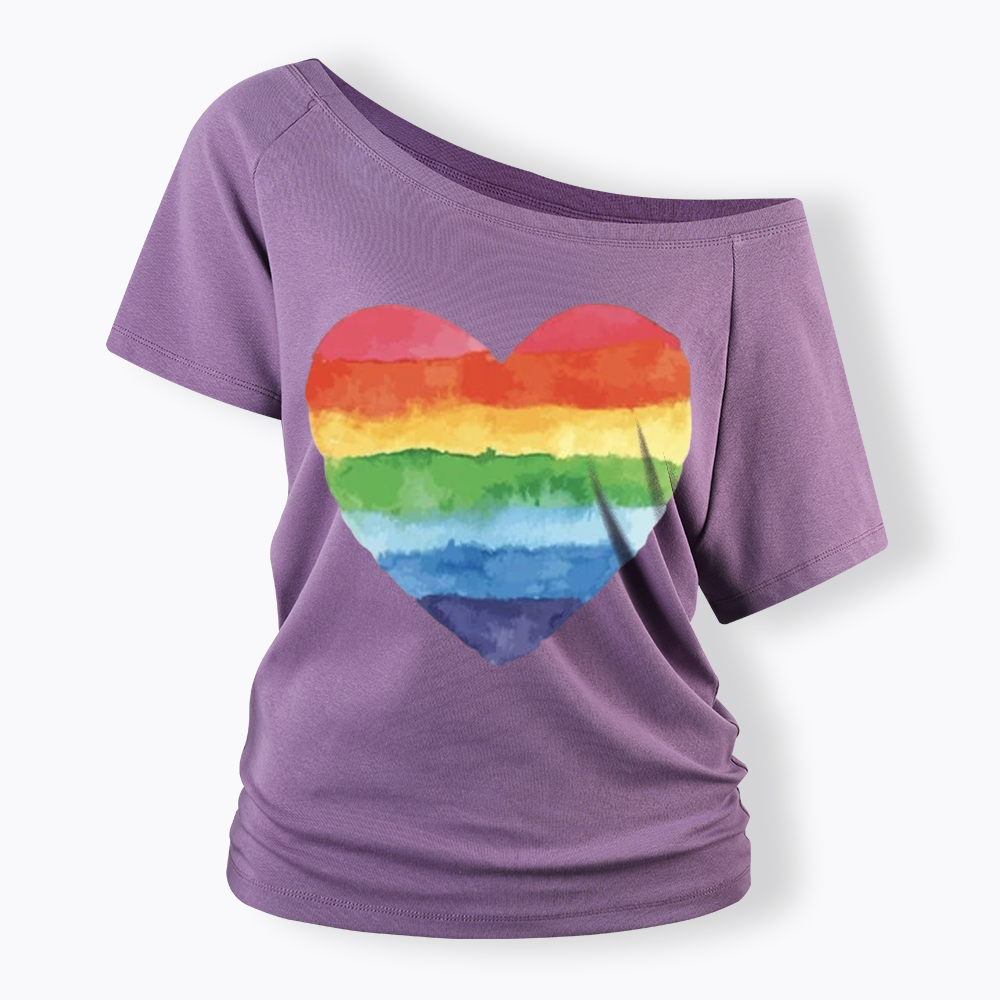 Watercolor Rainbow Heart Off Shoulder T-shirt