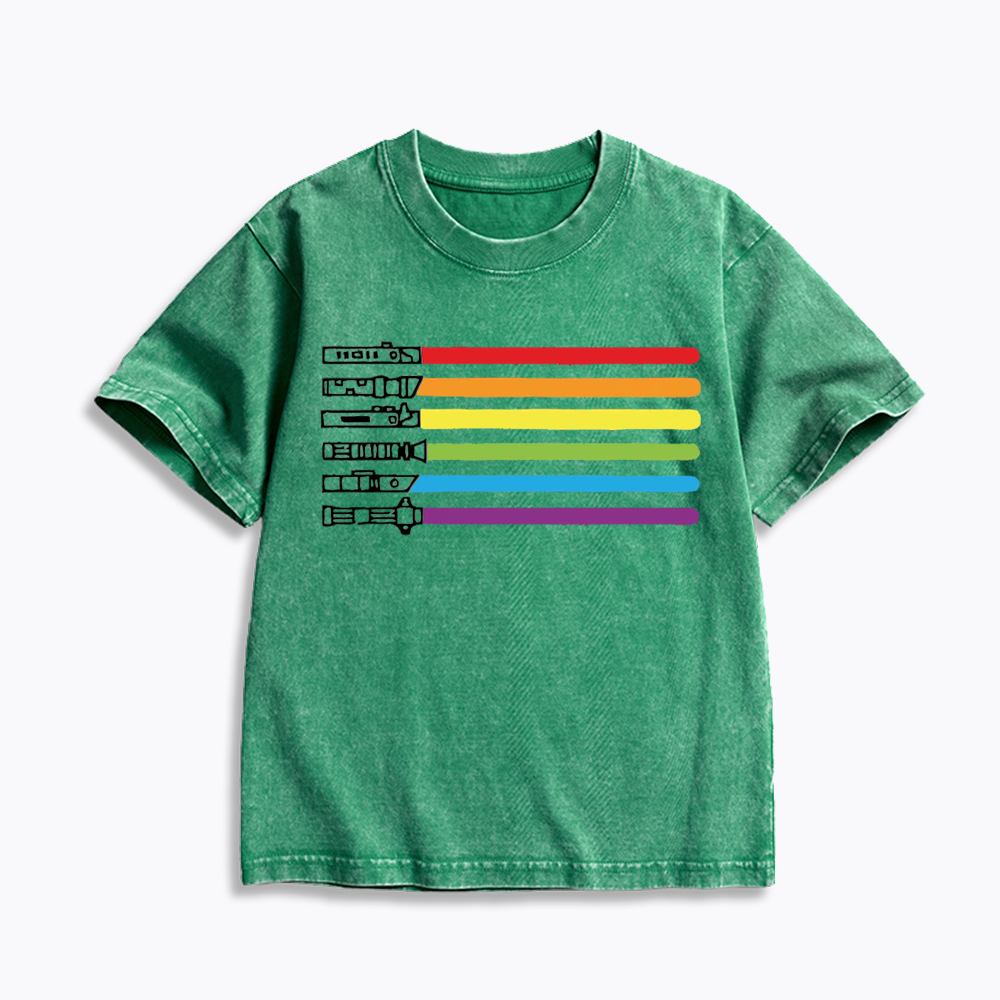 Rainbow Lightsaber Kids Washed T-Shirt 