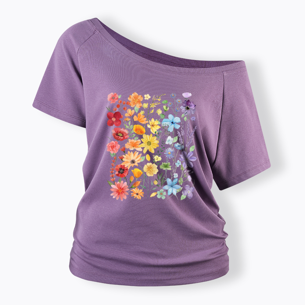 Rainbow Flowers Off Shoulder T-shirt