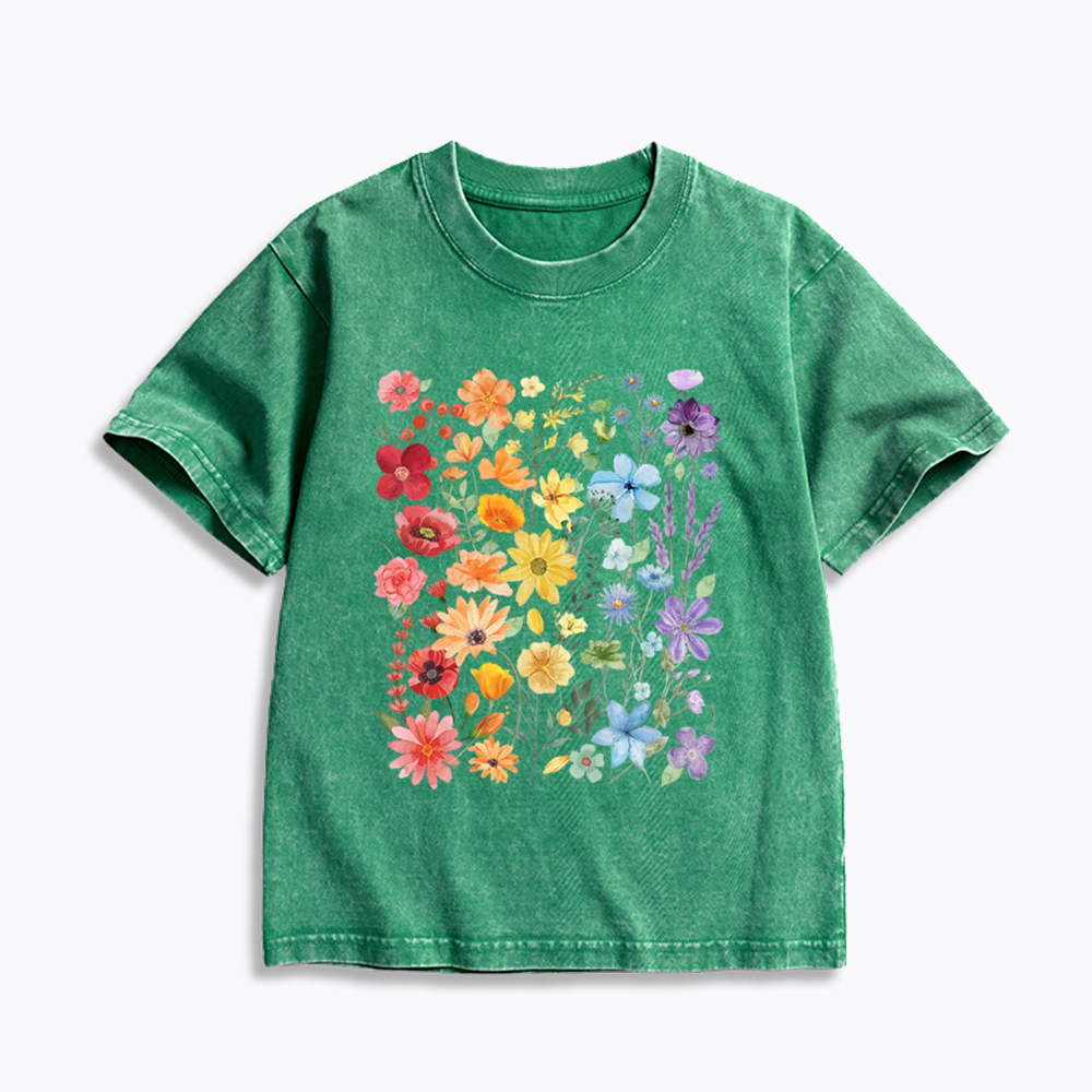 Rainbow Flowers Kids Washed T-Shirt