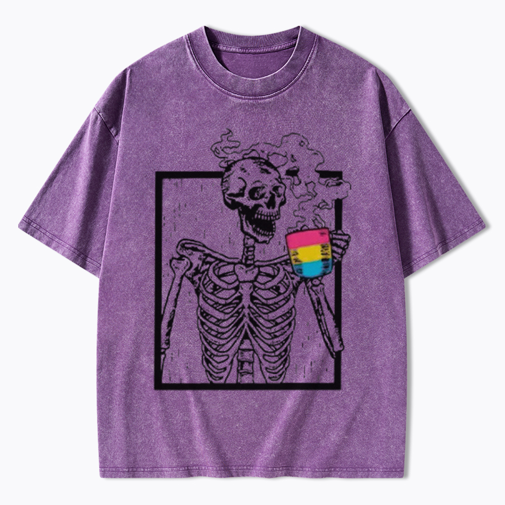 Pansexual Skeleton Drinking Coffee Washed T-Shirt