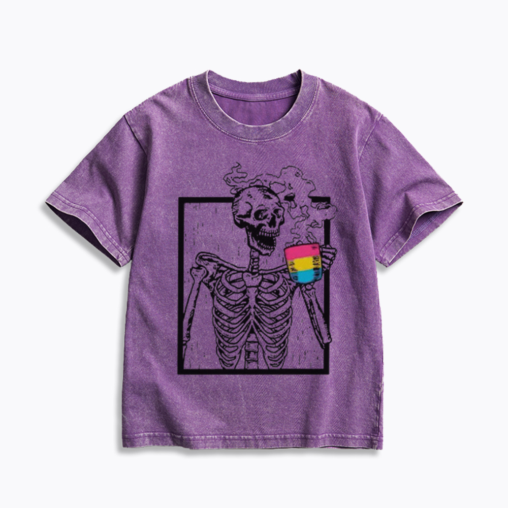 Pansexual Skeleton Drinking Coffee Kids Washed T-Shirt