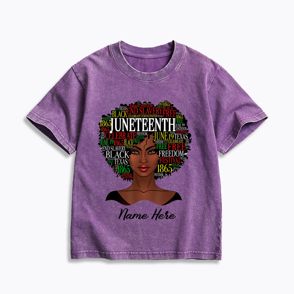 Personalized Juneteenth Black Women Natural Hair Kids Washed T-Shirt