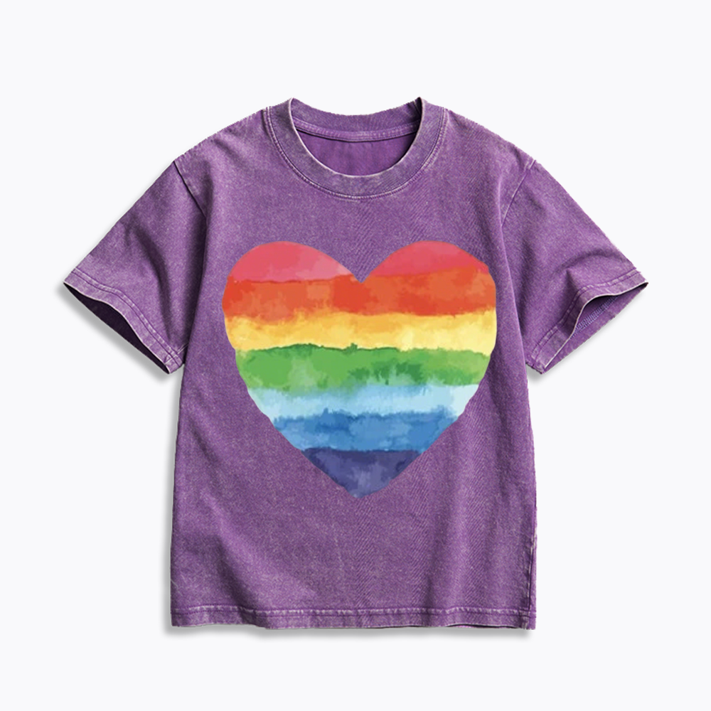 Watercolor Rainbow Heart Kids Washed T-Shirt 