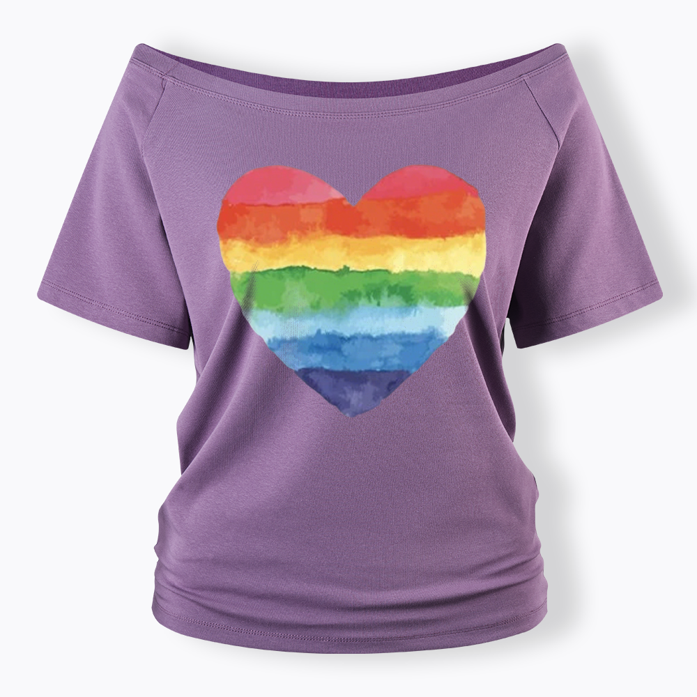 Watercolor Rainbow Heart Off Shoulder T-shirt