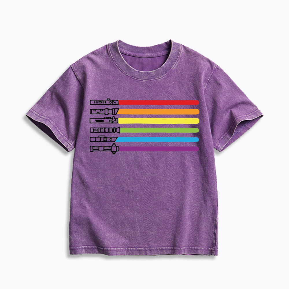 Rainbow Lightsaber Kids Washed T-Shirt 