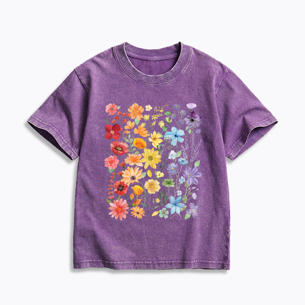 Rainbow Flowers Kids Washed T-Shirt