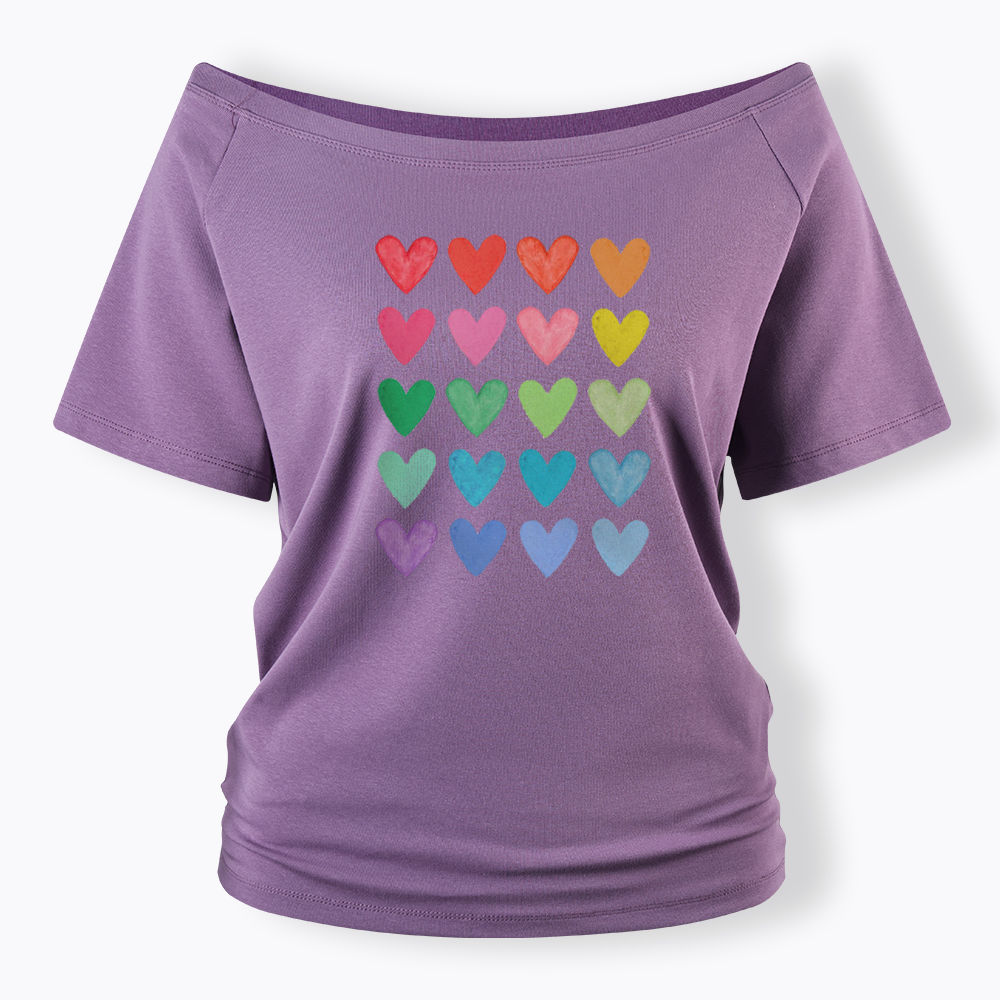Rainbow Hearts Off Shoulder T-shirt