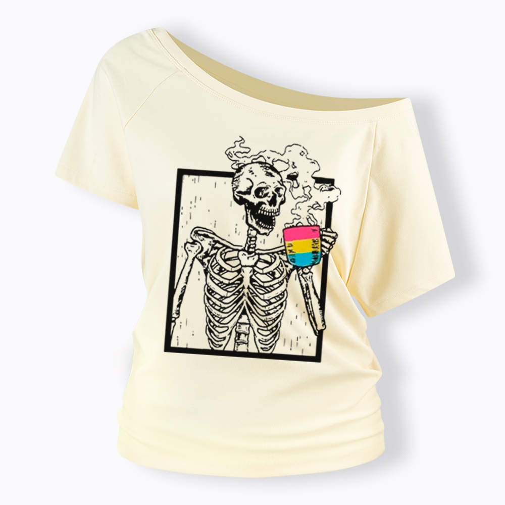 Pansexual Skeleton Drinking Coffee Off Shoulder T-shirt